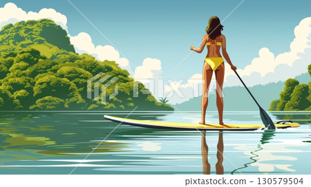 Woman Paddle Boarding on Serene Tropical River, Lush Green Nature, Watersport Adventure Illustration 130579504