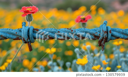 Resilience in Nature A Bloom Survives Behind Fenced Blue Barbwire, Symbolizing Growth and Hope Resilience in Nature A Bloom Survives Behind Fenced Blue Barbwire, Symbolizing Growth and Hope 130579939