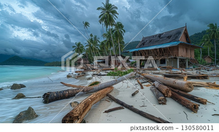 Aftermath of a Tropical Cyclone Damaged Coastal Community with Houses on Stilts and Beach Debris 130580011