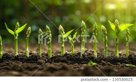 Vibrant green asparagus spears emerging from rich garden soil, symbolizing nature s fresh renewal. 130580025