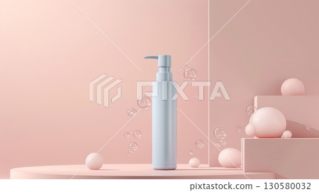 Minimalistic Facial Care Pump Bottle for Women Essential Cleansing Product Launch on Stage 130580032