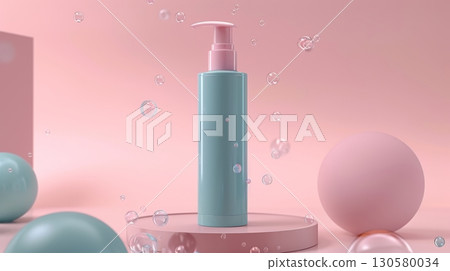 Elegant Blue Cosmetic Dispenser in a Minimalist Pink Themed Scene with Ethereal Ambience 130580034