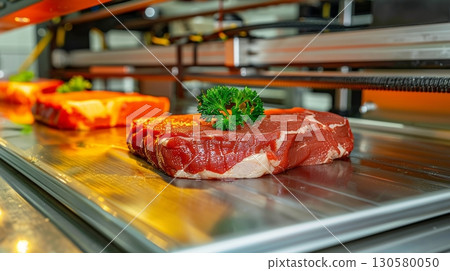 Futuristic Kitchen with Advanced Technology for Automated Precision Food Making and Lab-Grown Beef 130580050