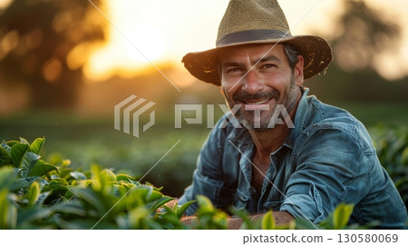 Dedicated Farmer Standing Proudly in Sunlit Field Surrounded by Lush Crops and Clear Blue Skies Dedicated Farmer Standing Proudly in Sunlit Field Surrounded by Lush Crops and Clear Blue Skies 130580069