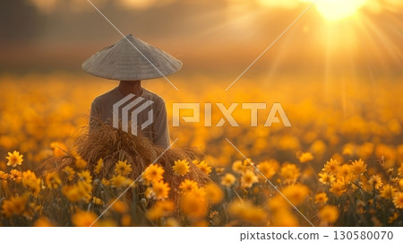 Breathtaking Scenic Asian Agriculture Landscape Showcasing Colorful Fields and a Golden Sunset Sky Breathtaking Scenic Asian Agriculture Landscape Showcasing Colorful Fields and a Golden Sunset Sky 130580070