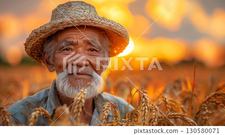 Elderly Wheat Farmer in Sunset Portrait, Capturing the Essence of Harvest Time and Rural Life 130580071
