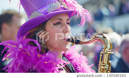 Vibrant Female Saxophonist Dressed in Lavish Purple Mardi Gras Costume with Feathers and Accessories 130580165