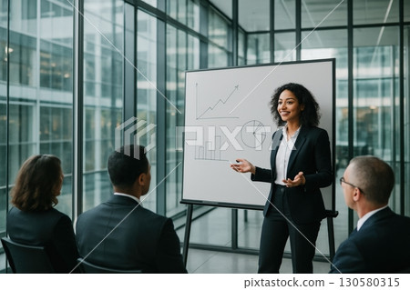 Professional presentation in a modern office with a confident speaker engaging an audience during a business meeting 130580315