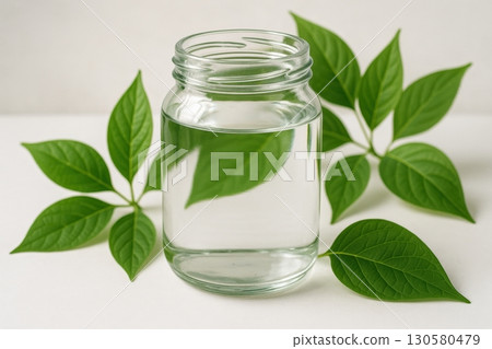 Water in a clear jar surrounded by fresh green leaves on a light surface showcasing natural beauty and simplicity Water in a clear jar surrounded by fresh green leaves on a light surface showcasing natural beauty and simplicity 130580479