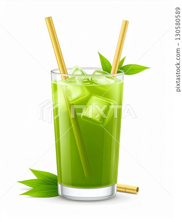 Refreshing Green Iced Beverage with Bamboo Straws 130580589