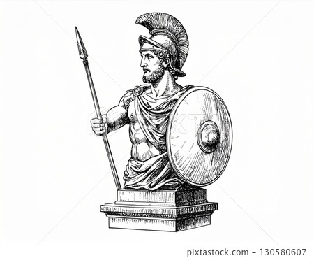 Ancient Greek Warrior Statue Line Art Engraving 130580607