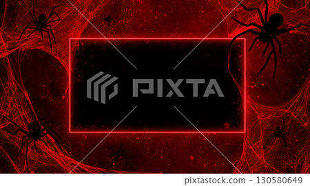 框架設計有紅色蜘蛛網和黑色蜘蛛輪廓。霓虹燈背景營造出萬聖節之夜的氛圍。 130580649