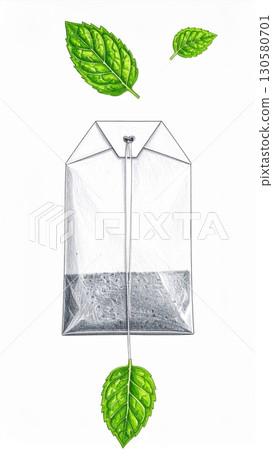 Green Mint Tea Bag Illustration with Fresh Leaves 130580701