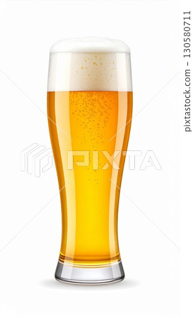 Golden Beer in a Tall Glass Against White Background 130580711