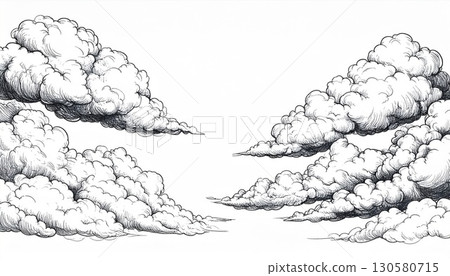 Black and White Ink Drawing of Fluffy Clouds 130580715