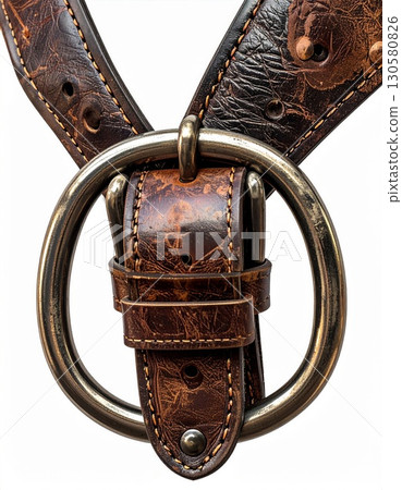 Brown Leather Belt with Aged Texture and Metal Buckle 130580826