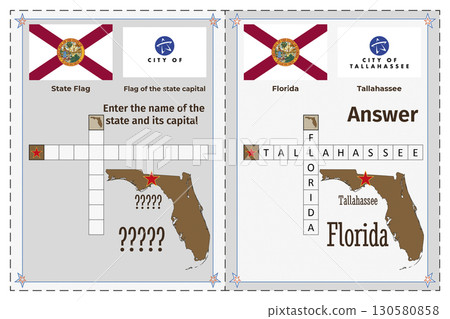 Geography of the USA for children. Question and answer. Flags, names, outline of the state and capital of Florida. Crossword illustration. Geography of the USA for children. Question and answer. Flags, names, outline of the state and capital of Florida. Crossword illustration. 130580858