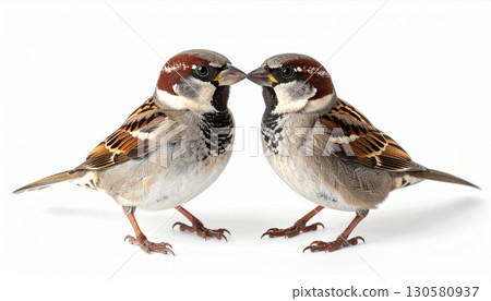 Two Brown and Gray Sparrows Facing Each Other on White Background Two Brown and Gray Sparrows Facing Each Other on White Background 130580937