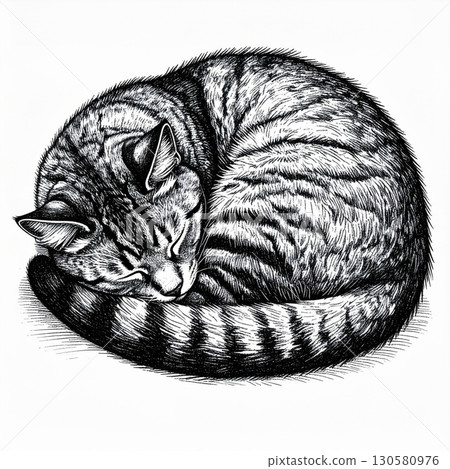 Sleeping Curled Cat in Monochrome Illustration Sleeping Curled Cat in Monochrome Illustration 130580976