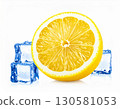 Yellow Lemon Slice with Ice Cubes on White Background 130581053