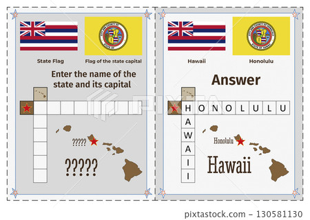 Geography of the USA for children. Question and answer. Flags, names, outline of the state and capital of Hawaii. Crossword illustration. 130581130