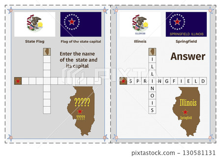 Geography of the USA for children. Question and answer. Flags, names, outline of the state and capital of Illinois. Crossword illustration. 130581131