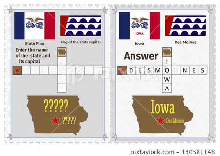 Geography of the USA for children. Question and answer. Flags, names, outline of the state and capital of Iowa. Crossword illustration. 130581148
