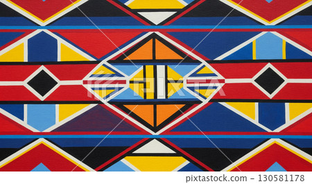 Intricate geometric patterns in bright colors create a striking mural inspired by Ndebele art. This artwork captures the essence of South African culture through rich symbolism and design. Intricate geometric patterns in bright colors create a striking mural inspired by Ndebele art. This artwork captures the essence of South African culture through rich symbolism and design. 130581178