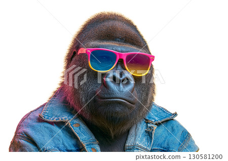 一隻戴著彩色太陽眼鏡和牛仔褲的酷大猩猩 130581200