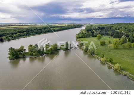 Aerial drone view over tranquil Boating lake in Nagykanizsa, Hungary. 130581312