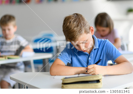 School boy sitting at the desk in classroom, looking at camera. 130581341