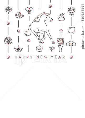 新年掛飾和馬圖標新年賀卡黑紅色金色新年快樂 130581351