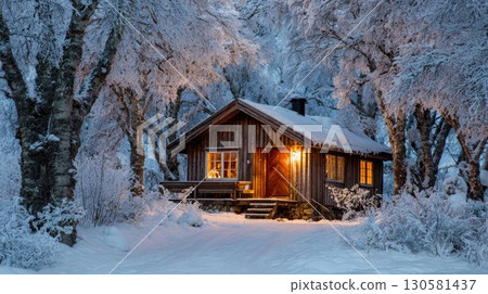 Cozy Wooden Cabin in Snowy Winter Forest Cozy Wooden Cabin in Snowy Winter Forest 130581437