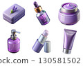 3d cosmetic products set with lavender soap, serum, cream, lotion, and lipstick, natural skincare collection 130581502