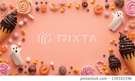 A Halloween frame of cute ghosts and sweets. A flat lay of sweets arranged on a pink background. 130581596