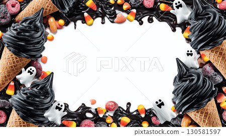 萬聖節相框，以黑色冰淇淋和可愛的幽靈為主題。背景素材是逼真又美味的甜點。 130581597