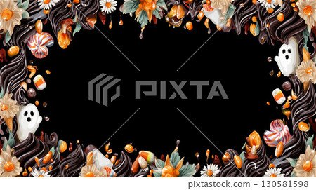 萬聖節相框，巧克力奶油和可愛的鬼魂。精美的背景裝飾著糖果和鮮花。 130581598