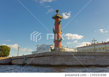 Vasilevskiy Island and rostral columns, river Neva in St. Petersburg in summer 130581696