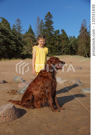 Portrait of little girl in yellow dress with Irish Setter on beach on sunny day 130581698
