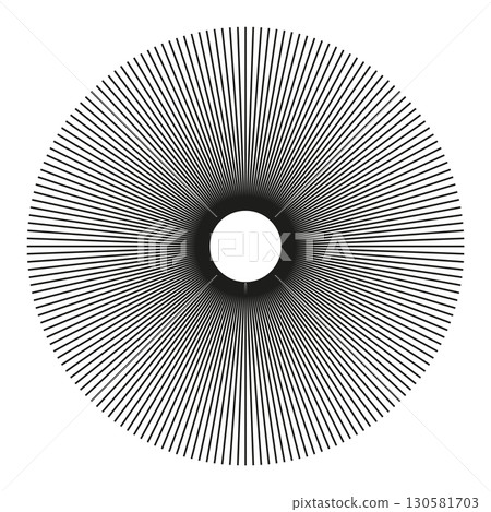 Radial circle lines. Circular lines element, shape. Spokes with radiating stripes. Symbol of Sun star rays. Flat design element. Abstract illusion geometric grid. Vector graphic illustration. Radial circle lines. Circular lines element, shape. Spokes with radiating stripes. Symbol of Sun star rays. Flat design element. Abstract illusion geometric grid. Vector graphic illustration. 130581703