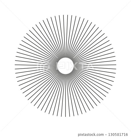 Radial circle lines. Circular lines template. Symbol of Sun star rays. Flat element isolated on a white background. Spokes with radiating stripes. Abstract illusion geometric shape. 130581716
