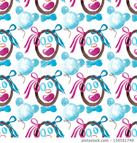 Funny abstract faces and balloons. Watercolor illustrations. Seamless cheerful pattern for design of children's clothes, textiles and umbrellas 130581749