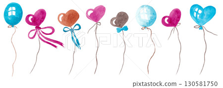 Border of colorful balloons. Watercolor isolated illustrations for your festive design Border of colorful balloons. Watercolor isolated illustrations for your festive design 130581750