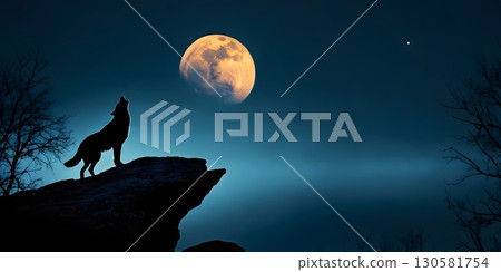 Wolf howling at full moon on rocky hill with dramatic night sky. for book covers, posters 130581754
