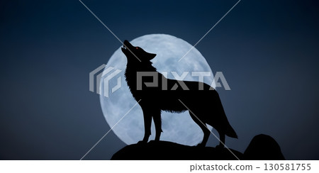 Wolf howling at full moon on rocky hill with dramatic night sky. for book covers, posters Wolf howling at full moon on rocky hill with dramatic night sky. for book covers, posters 130581755
