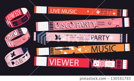 Y2k event party bracelet design. Retro modern pass ticket set for nightclubs entrance access. Bright colours wristband prints, artists and viewers labels, live performance badges. Vector illustration. 130581783
