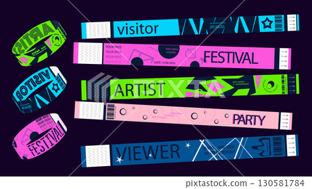 Y2k event party bracelet design. Retro modern pass ticket set for nightclubs entrance access. Acid colours festival wristband prints, artists and viewers identification labels. Vector illustration. 130581784