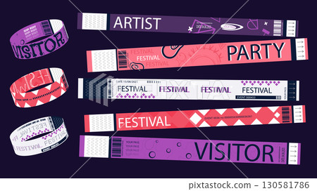 Y2k event party bracelet design. Retro modern pass ticket set for nightclubs entrance access. Festival visitors and artists wristband prints pack, entry performance ribbons. Vector illustration. 130581786