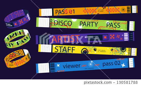 Y2k event party bracelet design. Retro modern pass ticket set for nightclubs entrance access. Identification wristband labels for entry, viewers and artists id ribbon patterns. Vector illustration. 130581788