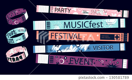 Y2k event party bracelet design. Retro modern pass ticket set for nightclubs entrance access. Identification wristband patterns for visitors entry, id labels for security control. Vector illustration. 130581789